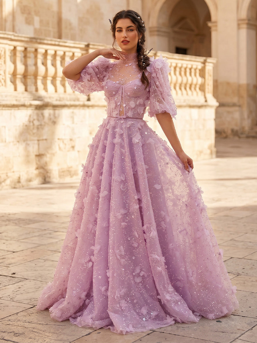 A-Line Tulle Evening Gown with High Neck and Short Sleeves – Pupir