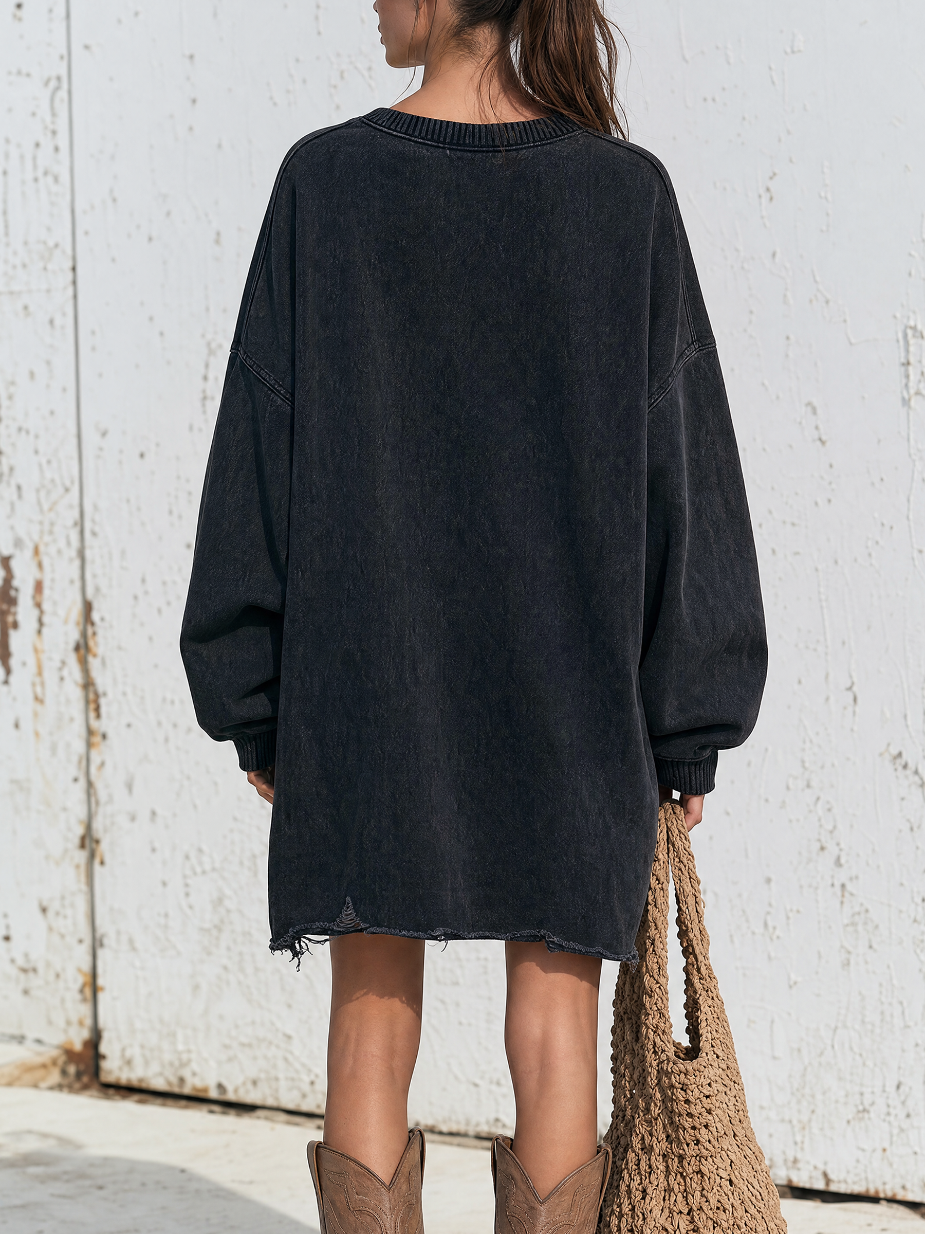 Sweatshirt dress distressed ripped hem detail