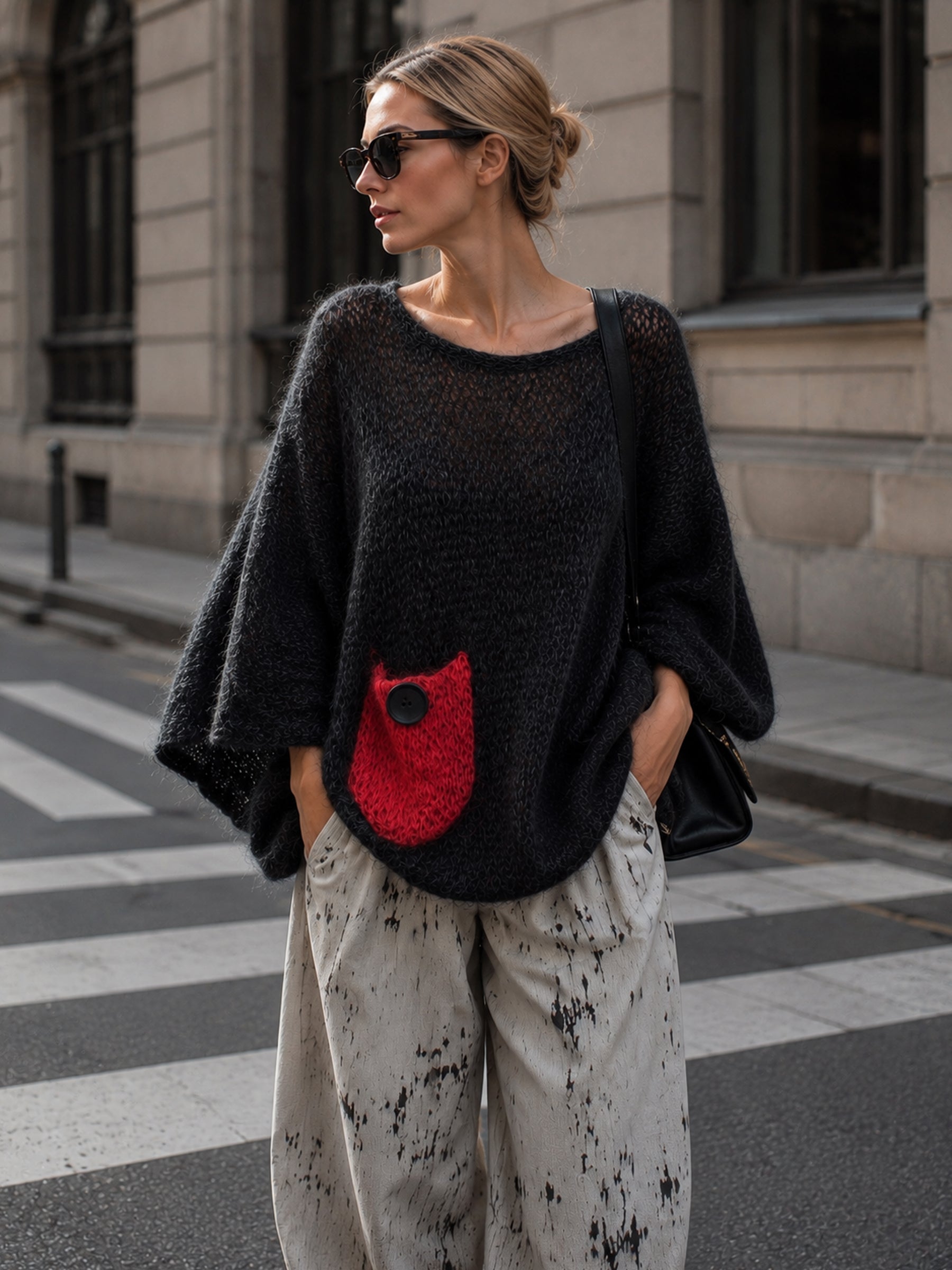 Mohair batwing sweater red pocket detail