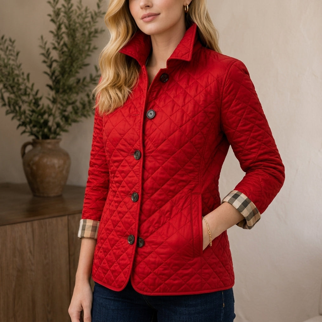 Red quilted mid season longline coat