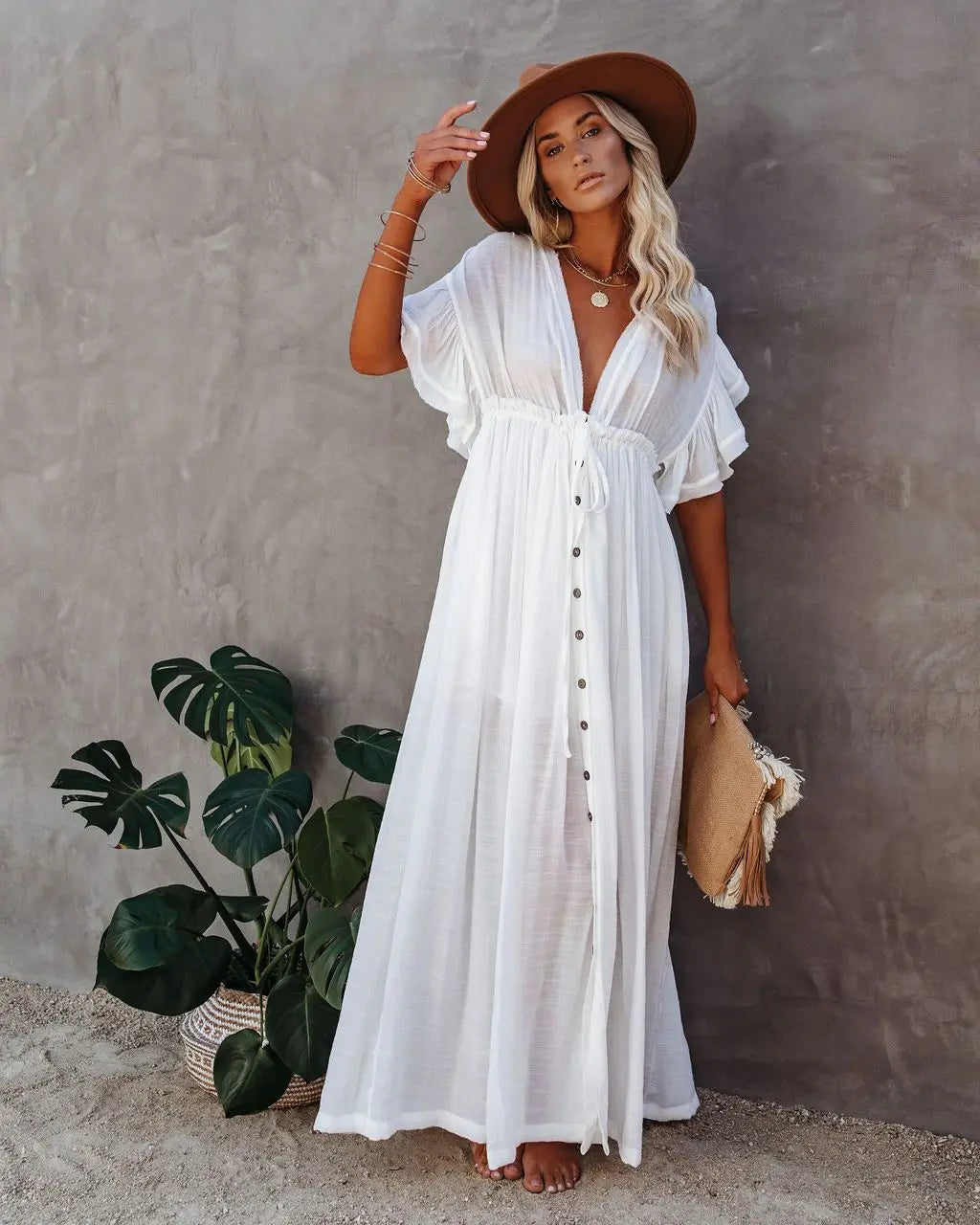 Women’s Long V-Neck Kimono Bikini Cover Up Dress