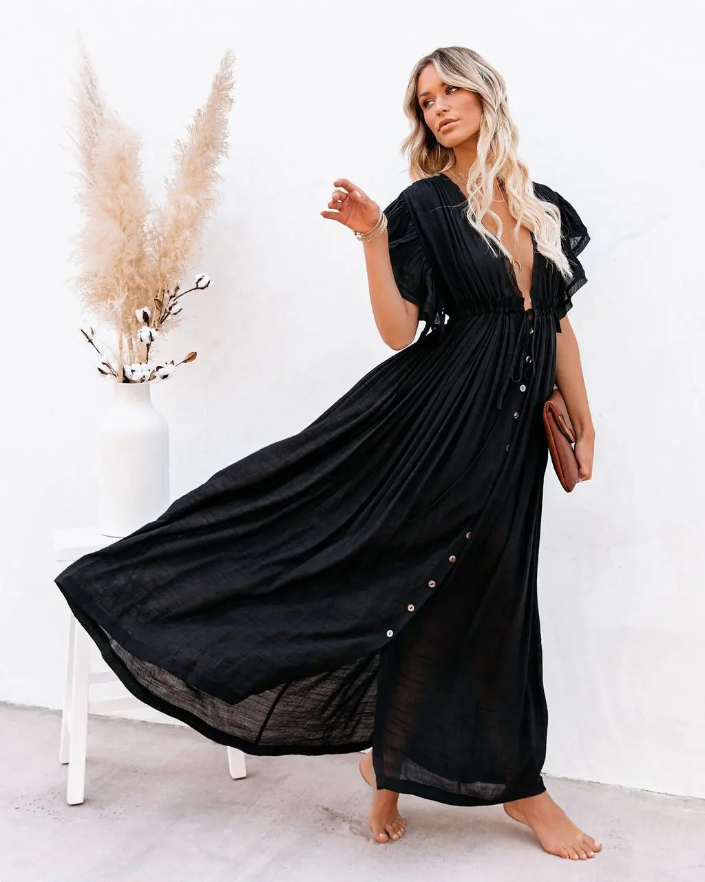 Women’s Long V-Neck Kimono Bikini Cover Up Dress
