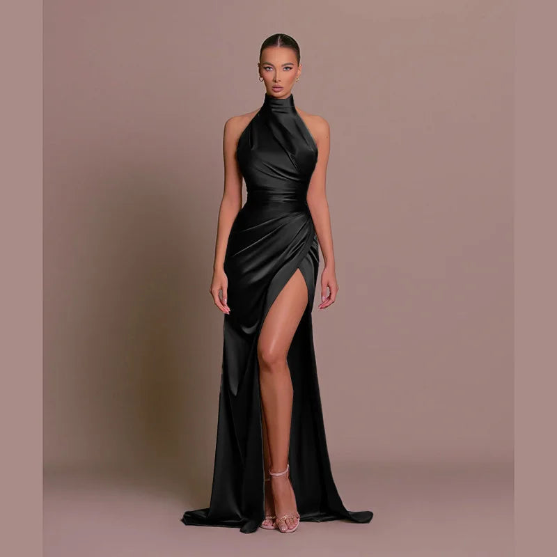 Black Satin Halter Maxi Dress Ruched High Slit Backless Elegant Evening Gown Formal Red Carpet Dress