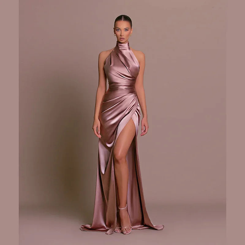 Black Satin Halter Maxi Dress Ruched High Slit Backless Elegant Evening Gown Formal Red Carpet Dress