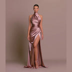 Black Satin Halter Maxi Dress Ruched High Slit Backless Elegant Evening Gown Formal Red Carpet Dress
