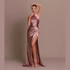 Black Satin Halter Maxi Dress Ruched High Slit Backless Elegant Evening Gown Formal Red Carpet Dress