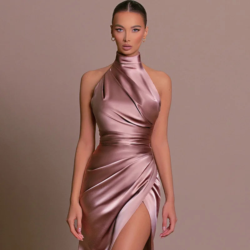 Black Satin Halter Maxi Dress Ruched High Slit Backless Elegant Evening Gown Formal Red Carpet Dress