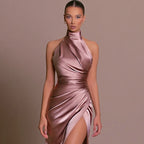 Black Satin Halter Maxi Dress Ruched High Slit Backless Elegant Evening Gown Formal Red Carpet Dress