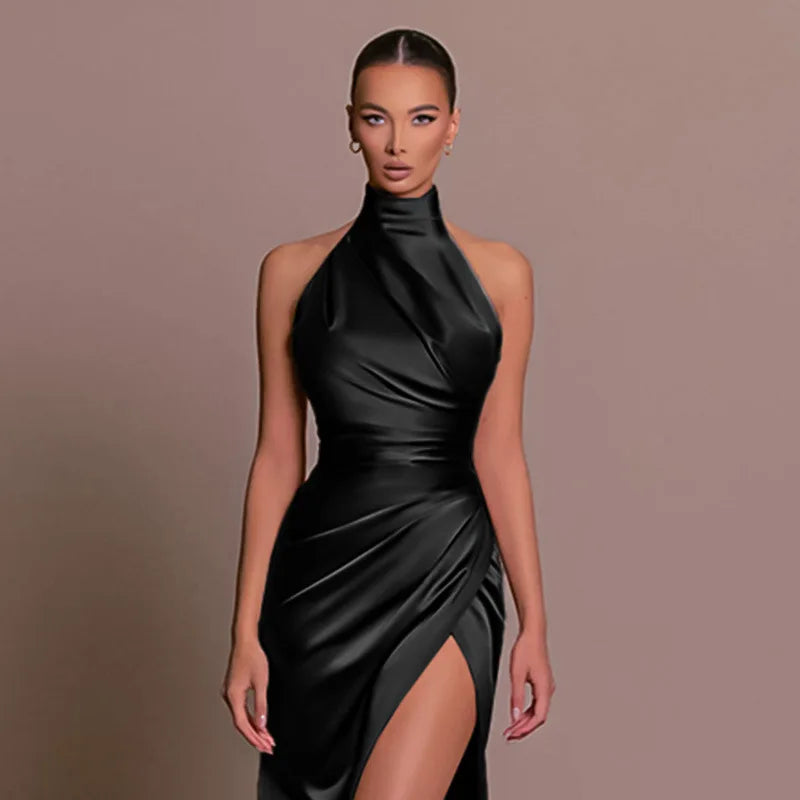 Black Satin Halter Maxi Dress Ruched High Slit Backless Elegant Evening Gown Formal Red Carpet Dress