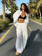 Women’s Cotton Linen Shirt and Elastic Waist Pant Set