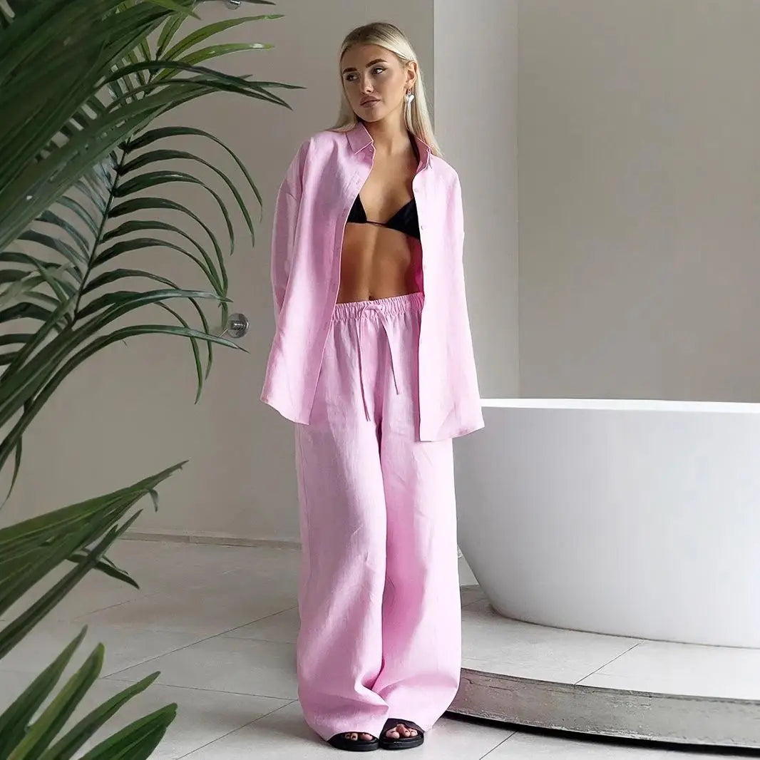 Women’s Cotton Linen Shirt and Elastic Waist Pant Set