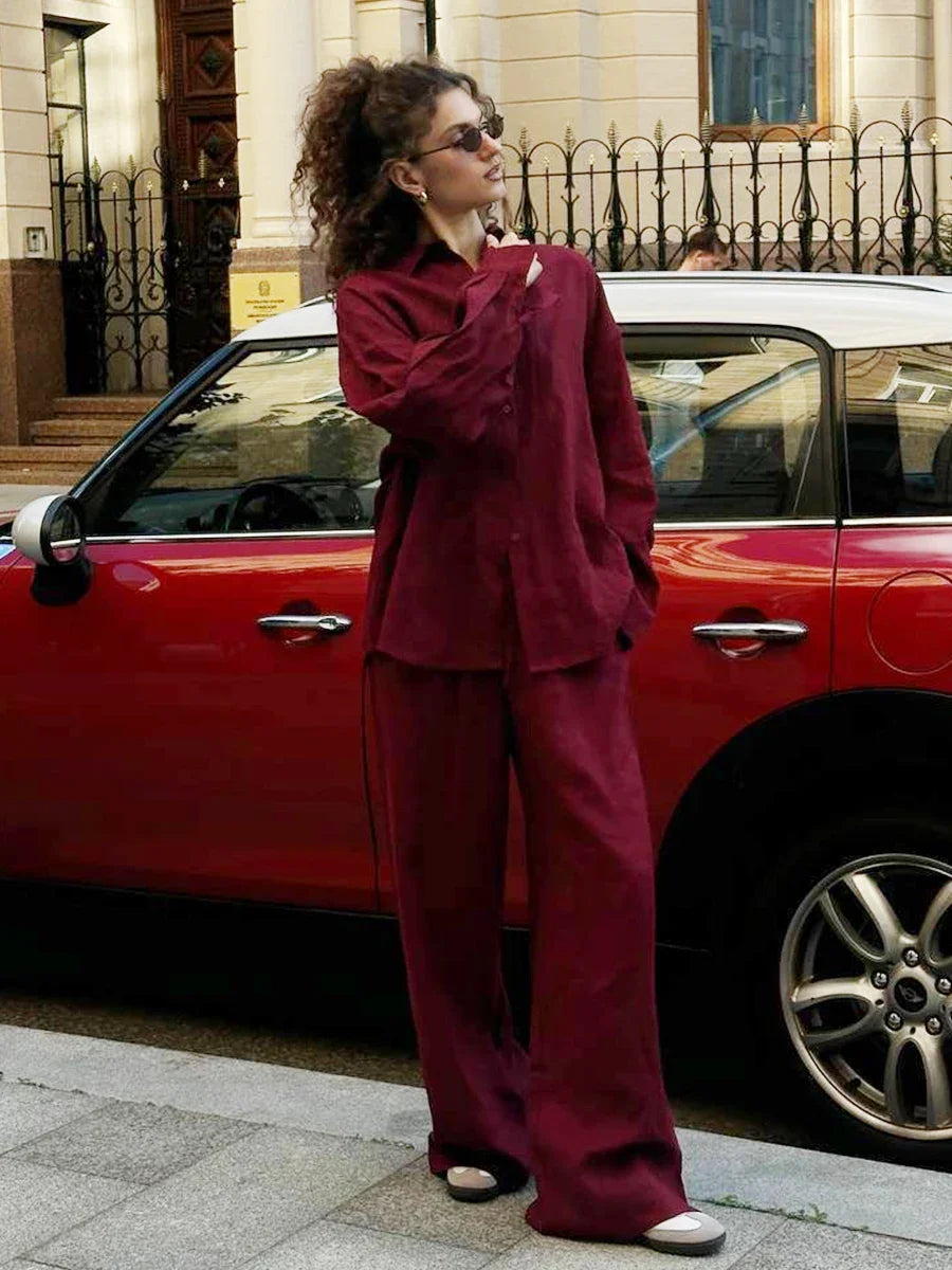 Women’s Cotton Linen Shirt and Elastic Waist Pant Set