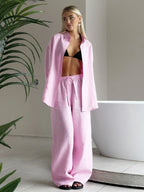 Women’s Cotton Linen Shirt and Elastic Waist Pant Set