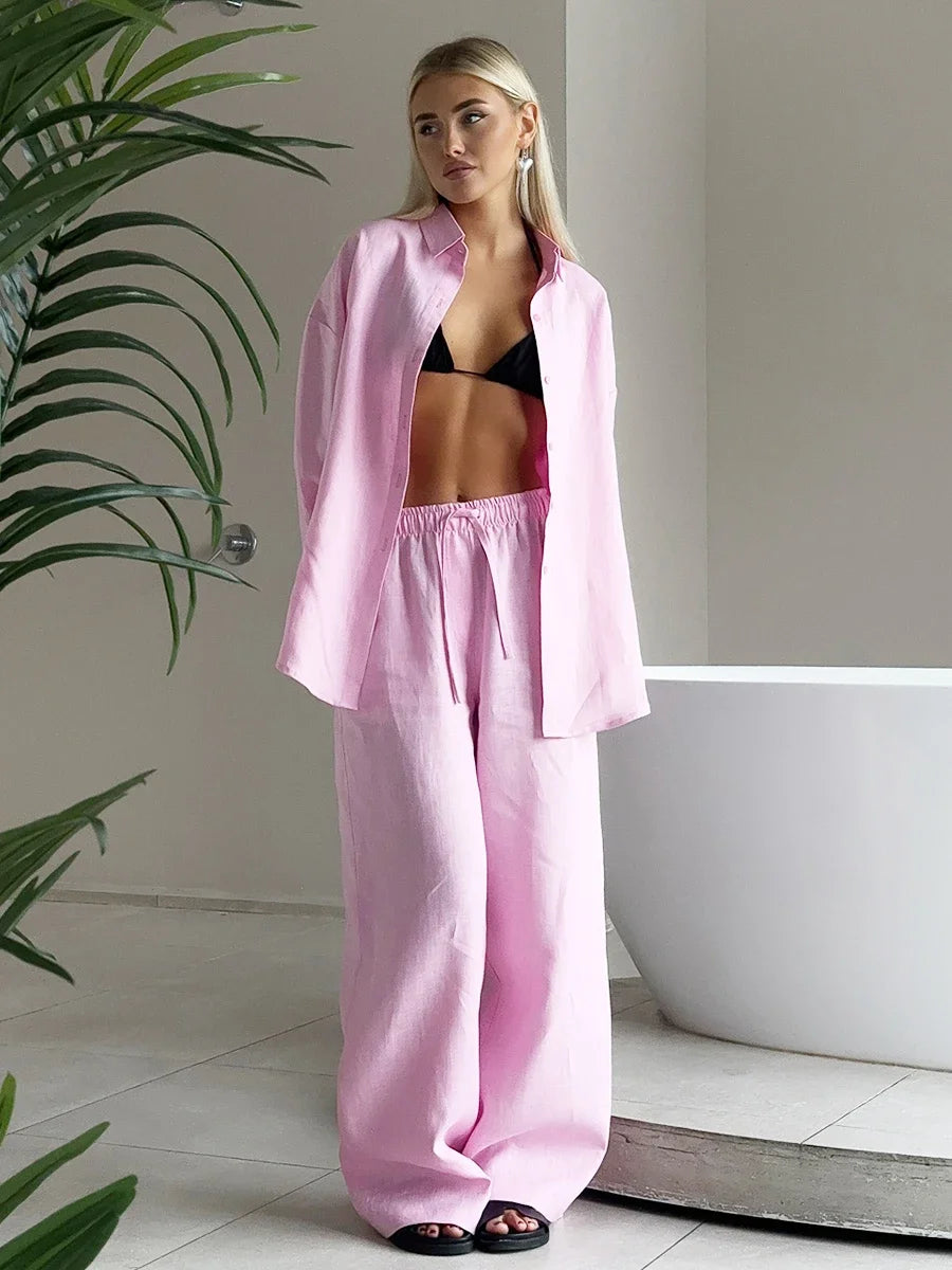 Women’s Cotton Linen Shirt and Elastic Waist Pant Set