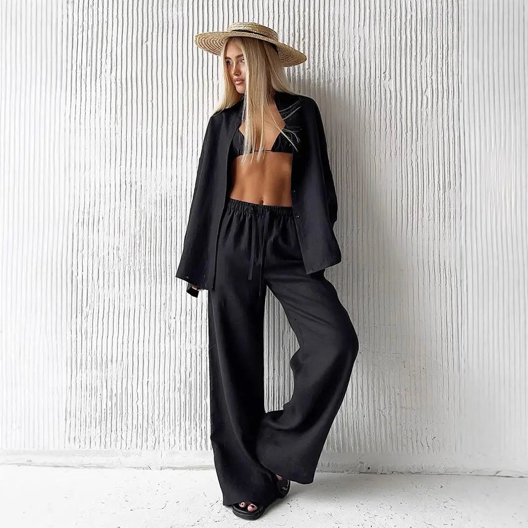 Women’s Cotton Linen Shirt and Elastic Waist Pant Set