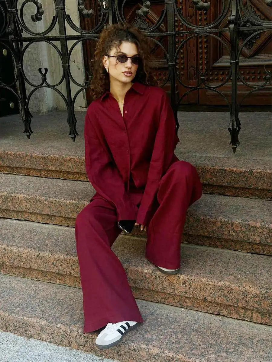 Women’s Cotton Linen Shirt and Elastic Waist Pant Set