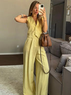 Women's Yellow Linen Vest & Wide Leg Trouser Two-Piece Set Chic Business Casual Co-Ord Summer Suit Outfit