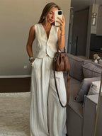 Women's Yellow Linen Vest & Wide Leg Trouser Two-Piece Set Chic Business Casual Co-Ord Summer Suit Outfit