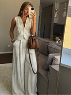 Women's Yellow Linen Vest & Wide Leg Trouser Two-Piece Set Chic Business Casual Co-Ord Summer Suit Outfit