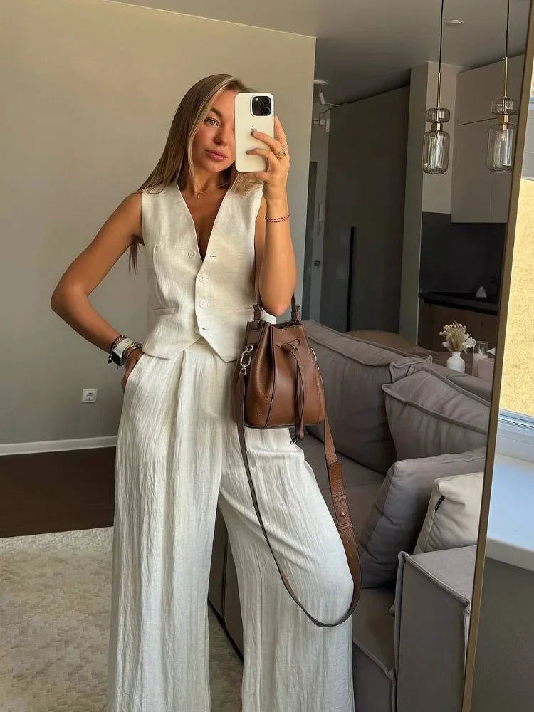 Women's Yellow Linen Vest & Wide Leg Trouser Two-Piece Set Chic Business Casual Co-Ord Summer Suit Outfit