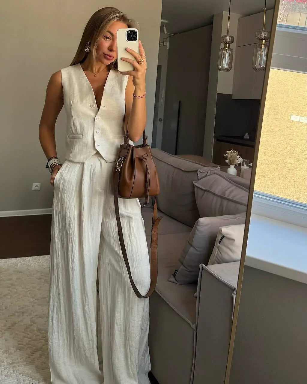 Women's Yellow Linen Vest & Wide Leg Trouser Two-Piece Set Chic Business Casual Co-Ord Summer Suit Outfit