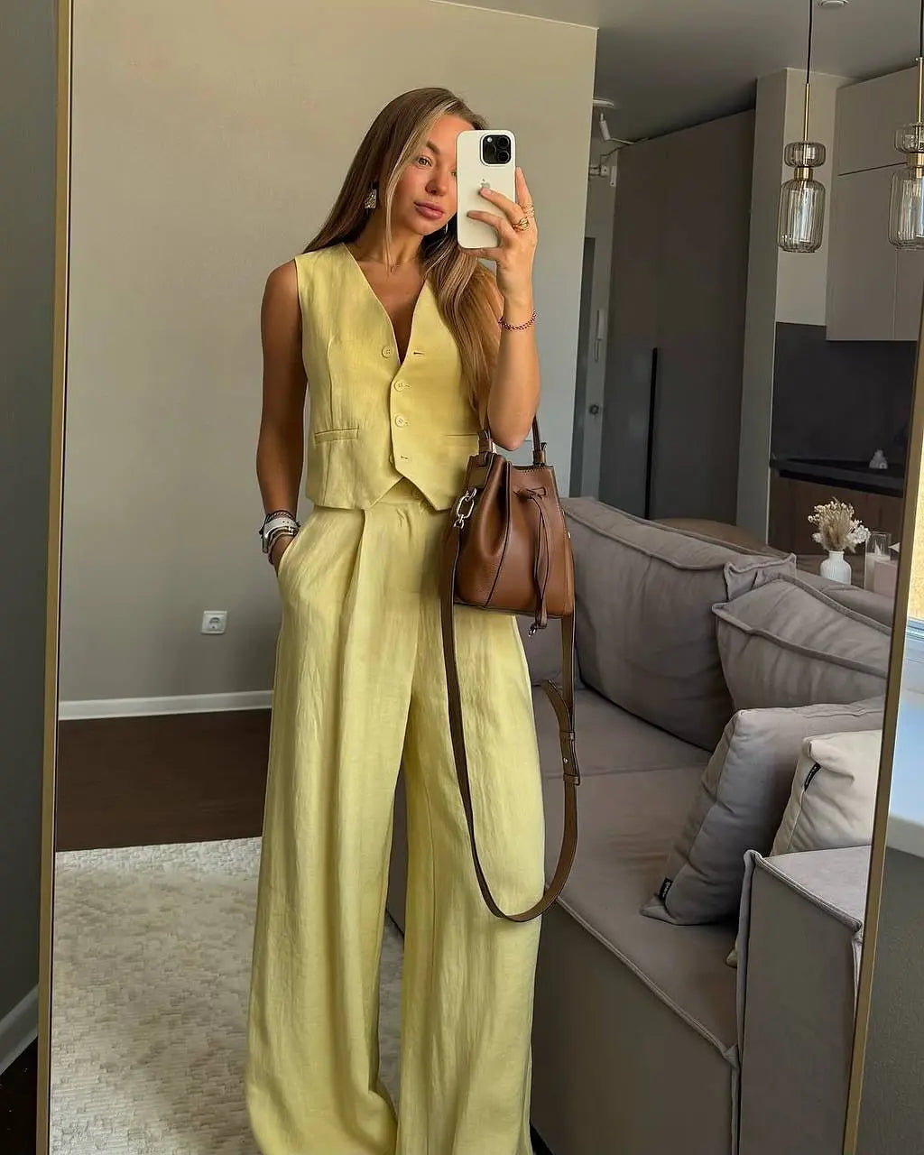 Women's Yellow Linen Vest & Wide Leg Trouser Two-Piece Set Chic Business Casual Co-Ord Summer Suit Outfit