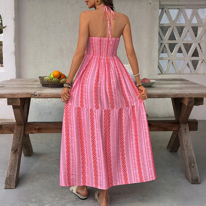 Pink Boho Printed Maxi Dress Strapless Tassel Tie Tiered A-Line Summer Beach Dress Bohemian Vacation Dress