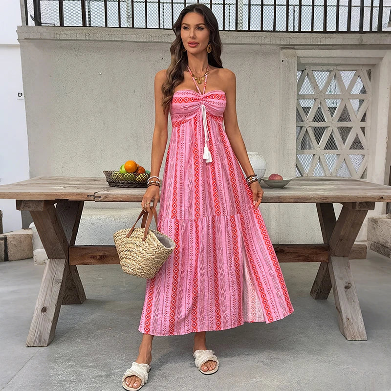 Pink Boho Printed Maxi Dress Strapless Tassel Tie Tiered A-Line Summer Beach Dress Bohemian Vacation Dress