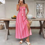 Pink Boho Printed Maxi Dress Strapless Tassel Tie Tiered A-Line Summer Beach Dress Bohemian Vacation Dress