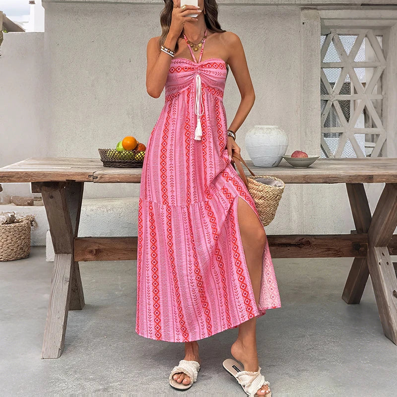 Pink Boho Printed Maxi Dress Strapless Tassel Tie Tiered A-Line Summer Beach Dress Bohemian Vacation Dress