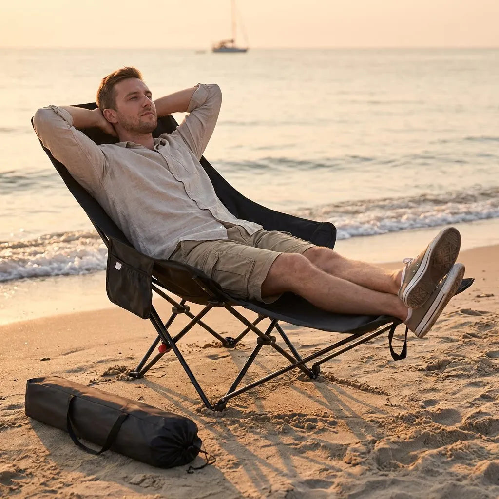 Heavy-Duty Foldable Beach Chair with Adjustable Height and Crossed Backrest for Outdoor Use