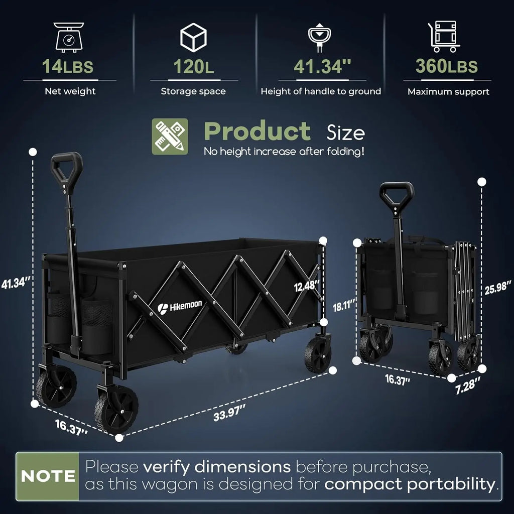 34 Inch Extra Long Heavy Duty Collapsible Wagon with 360LB Capacity for Camping and Beach