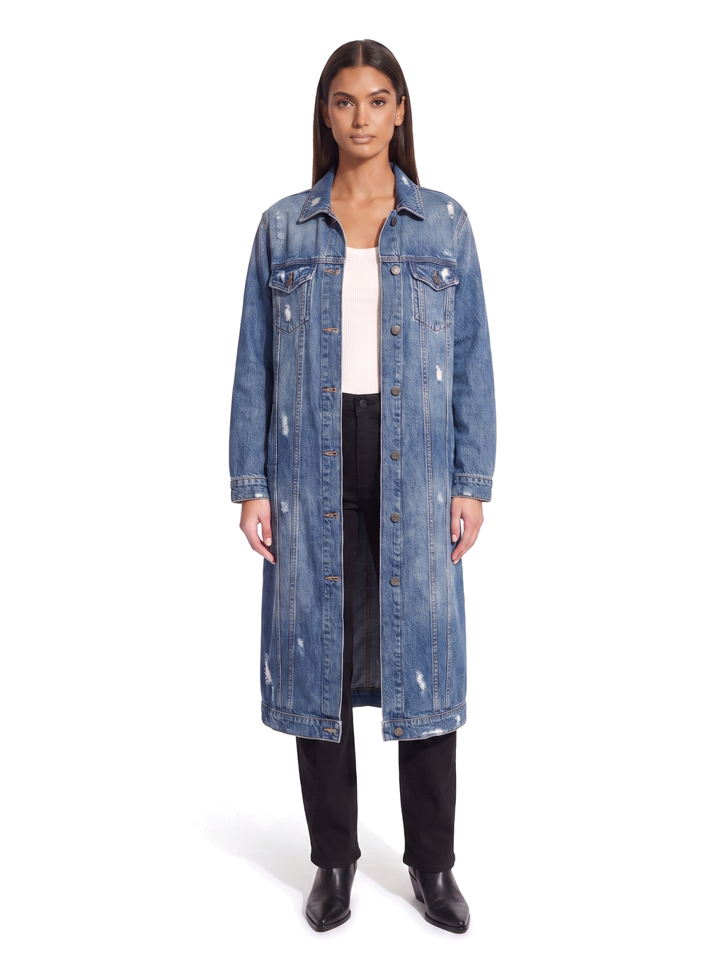Long distressed denim duster coat worn by model, front view on white