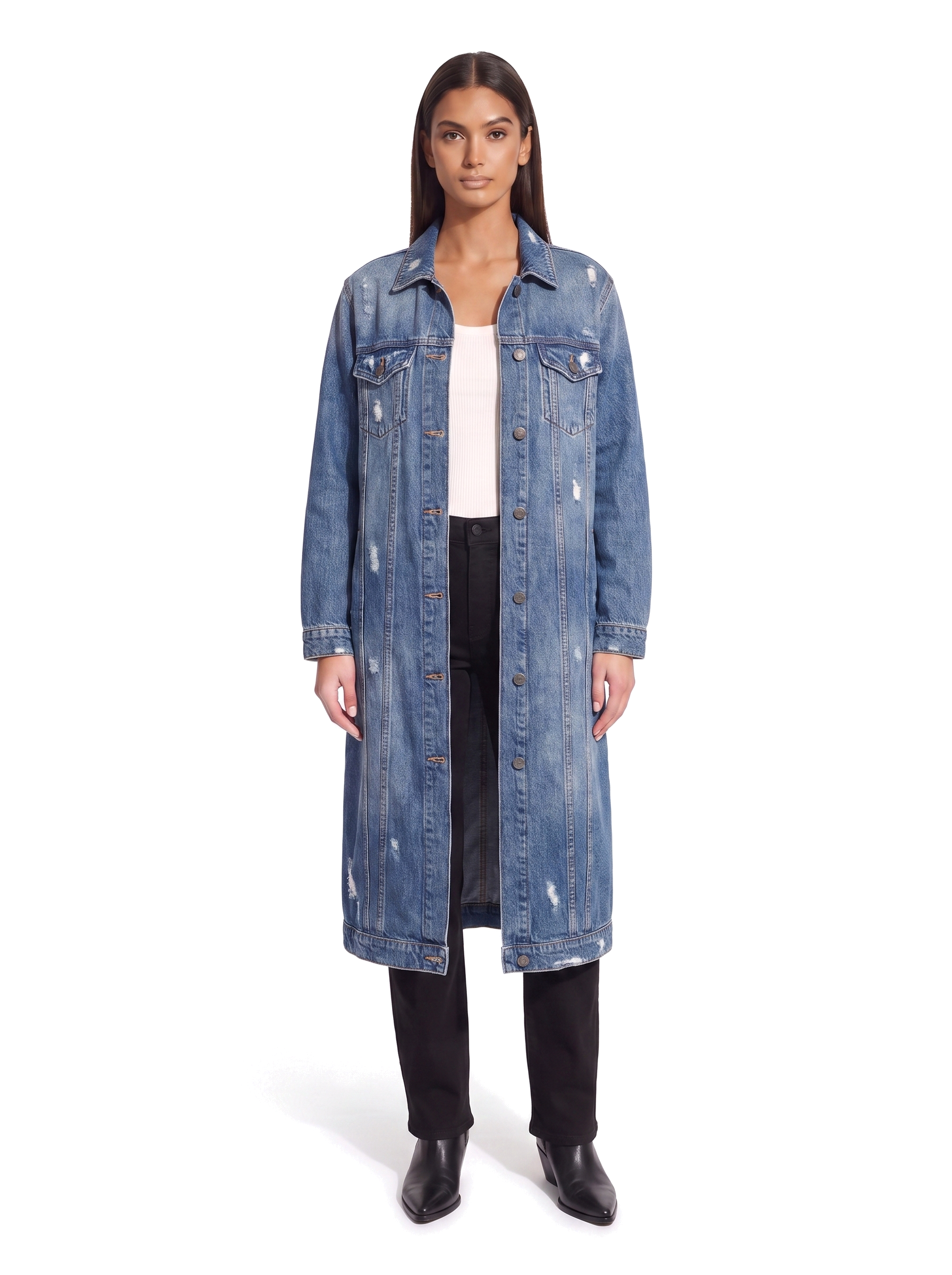 Long distressed denim duster coat worn by model, front view on white