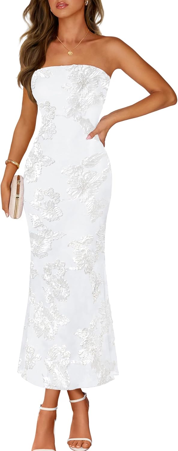 Strapless Mesh Bodycon Mermaid Floral Maxi Dress - White