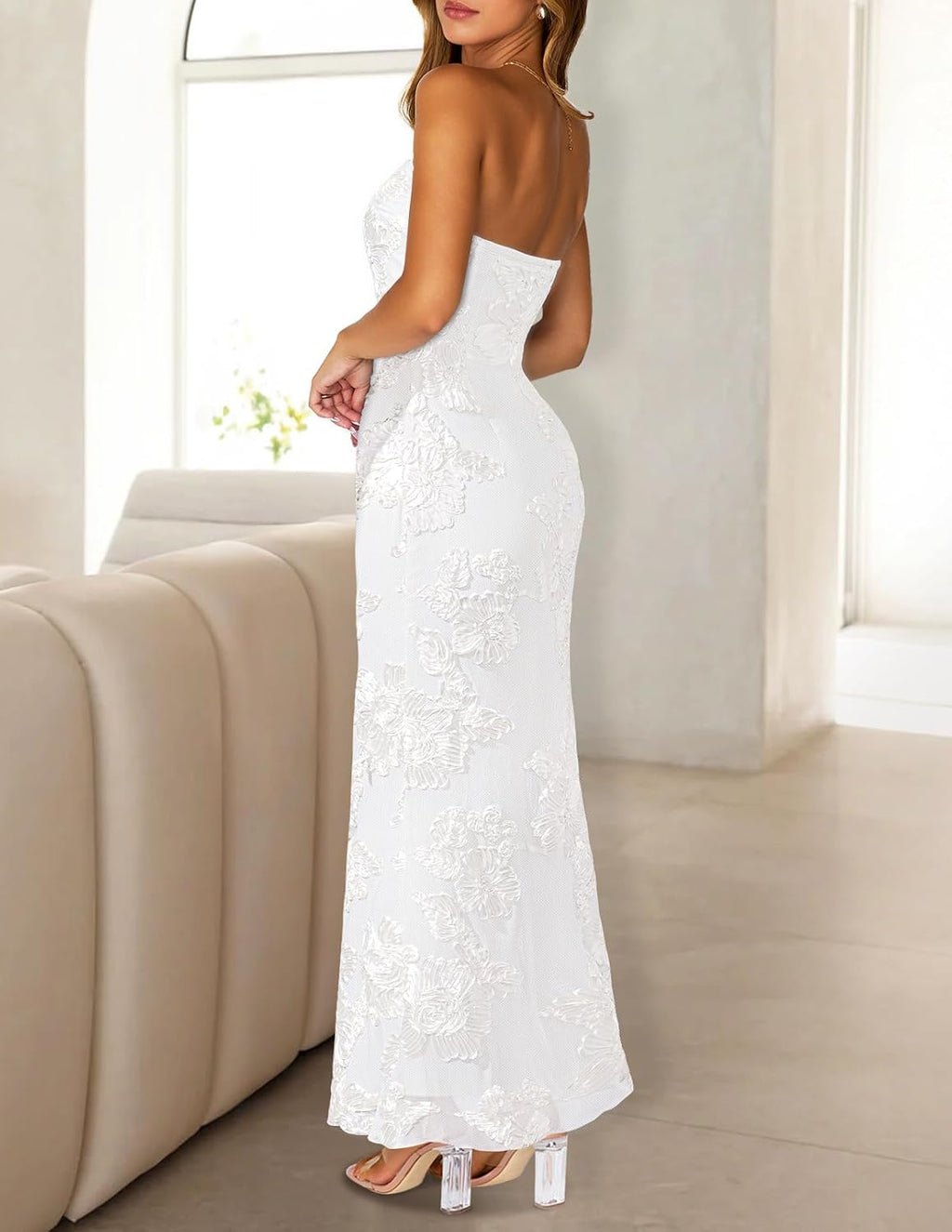 Strapless Mesh Bodycon Mermaid Floral Maxi Dress - White Back