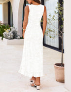 Sleeveless Ruffle Hem Bodycon Floral Maxi Dress - White Detail