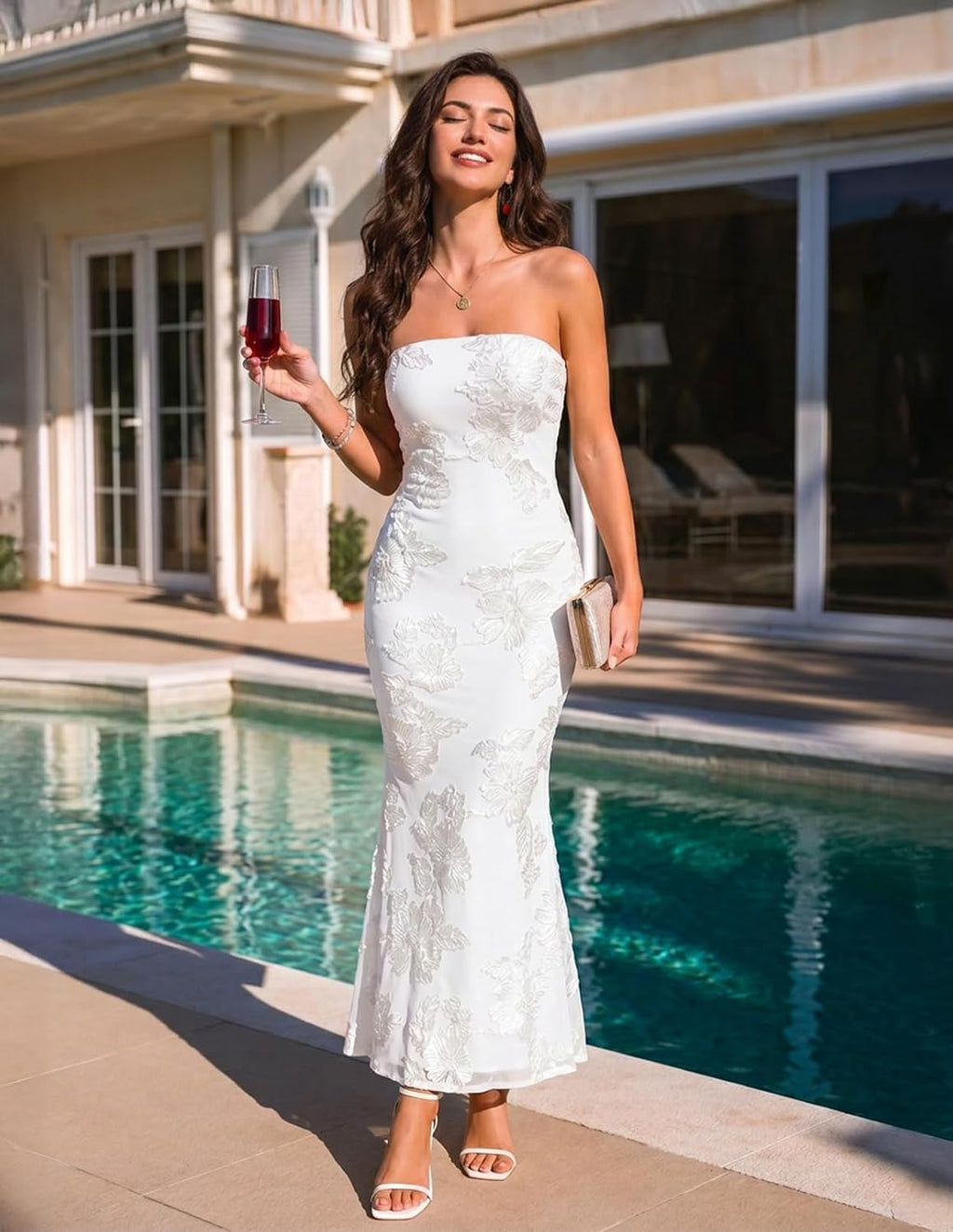 Strapless Mesh Bodycon Mermaid Floral Maxi Dress - White Detail