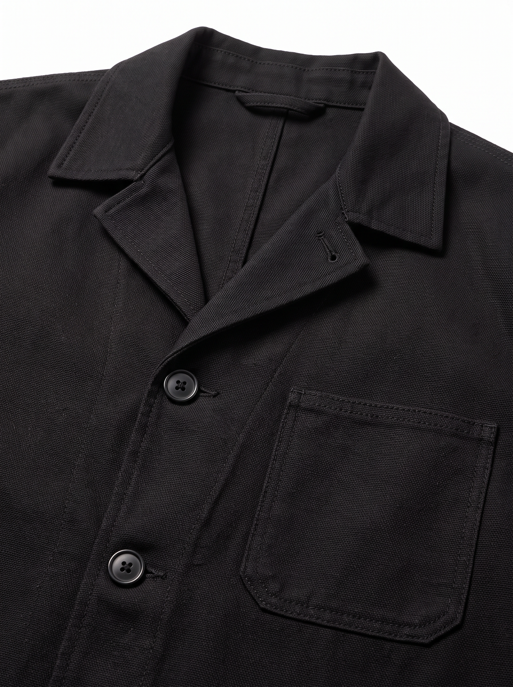 Chore jacket collar and patch pocket close up detail