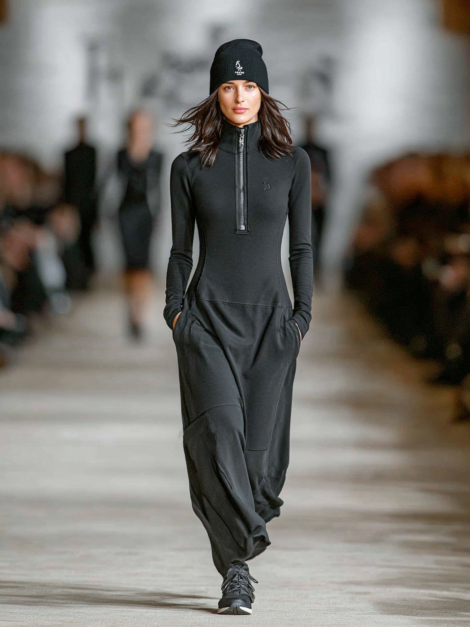 Activewear Collection | Women's Maxi Dress with Zippered Collar | Breathable Cotton Blend for Sporty Comfort