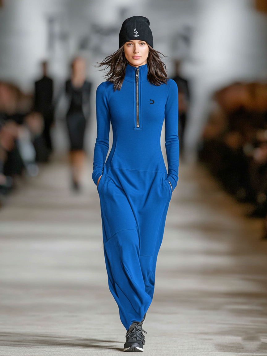 Activewear Collection | Women's Maxi Dress with Zippered Collar | Breathable Cotton Blend for Sporty Comfort