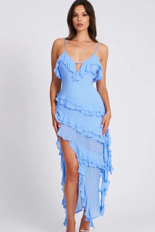 Women’s Ruffled Asymmetrical Spaghetti Strap Dress – Light Blue Bodycon Summer Dress with Keyhole Detail for Wedding, Party & Evening Wear