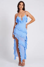 Women’s Ruffled Asymmetrical Spaghetti Strap Dress – Light Blue Bodycon Summer Dress with Keyhole Detail for Wedding, Party & Evening Wear