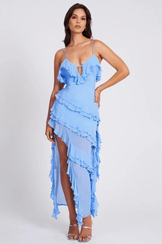 Women’s Ruffled Asymmetrical Spaghetti Strap Dress – Light Blue Bodycon Summer Dress with Keyhole Detail for Wedding, Party & Evening Wear