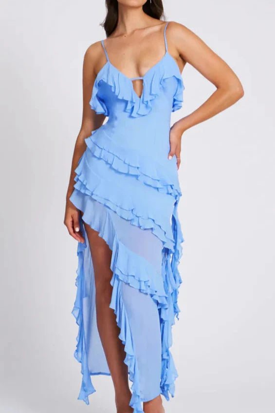 Women’s Ruffled Asymmetrical Spaghetti Strap Dress – Light Blue Bodycon Summer Dress with Keyhole Detail for Wedding, Party & Evening Wear