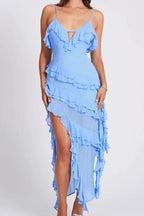 Women’s Ruffled Asymmetrical Spaghetti Strap Dress – Light Blue Bodycon Summer Dress with Keyhole Detail for Wedding, Party & Evening Wear
