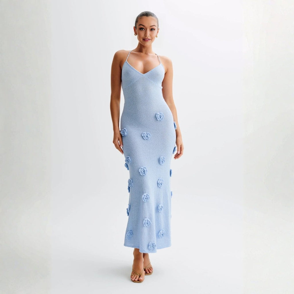 Women’s Alexie Shimmer Knit Halter Dress – Celestial Blue Bodycon Maxi Dress with 3D Rosette Details & Open Back Evening Gown for Special Occasions