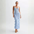 Women’s Alexie Shimmer Knit Halter Dress – Celestial Blue Bodycon Maxi Dress with 3D Rosette Details & Open Back Evening Gown for Special Occasions