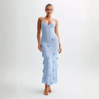Women’s Alexie Shimmer Knit Halter Dress – Celestial Blue Bodycon Maxi Dress with 3D Rosette Details & Open Back Evening Gown for Special Occasions