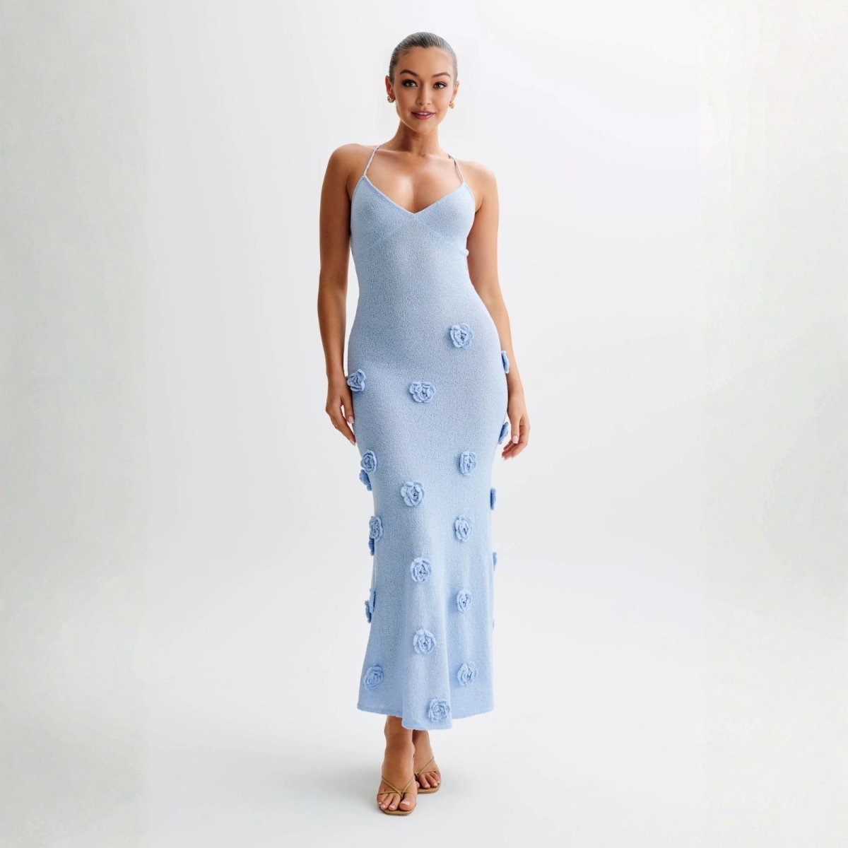 Women’s Alexie Shimmer Knit Halter Dress – Celestial Blue Bodycon Maxi Dress with 3D Rosette Details & Open Back Evening Gown for Special Occasions